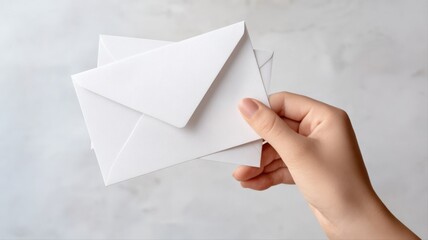Fototapeta premium Hand Holding Stack of White Envelopes on Marble Background for Invitation, Correspondence, or Mailing