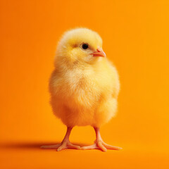 Obraz premium Yellow chick fluffy chick baby chicken cute bird Easter chick orange background farm animal small poultry spring symbol soft feather Adorable yellow chick fluffy chick baby chicken cute bird