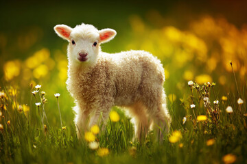 Obraz premium Young lamb spring meadow green grass yellow flower sunlight cute animal baby sheep farm field soft wool rural nature young lamb stands bright spring meadow among yellow flower and green grass warm