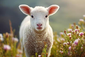 Obraz premium Lamb spring meadow flower nature cute fluffy young farm animal fluffy young lamb stands sunny spring meadow with soft light and delicate flower around, peaceful mood and gentle nature scene