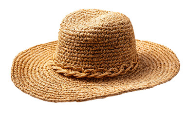 Detailed image of braided straw hat representing casual outdoor fashion, handcrafted design, and comfortable sun protection isolated on transparent background PNG