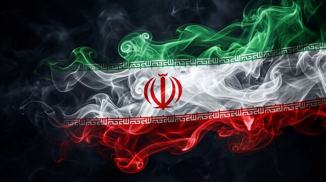 Cinematic and ultrarealistic Iranian Flag with smoke and black background