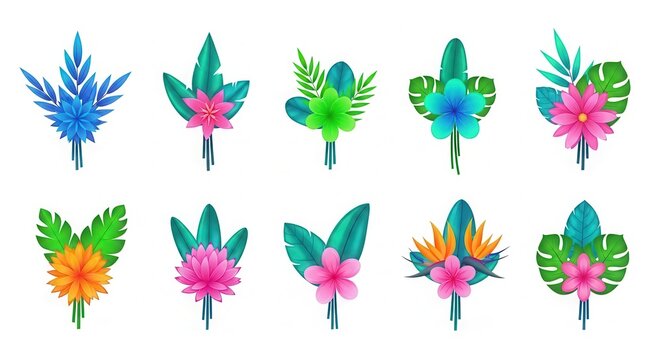 Set of tiny tropical bouquets in white background &ndash; tropical elements collection