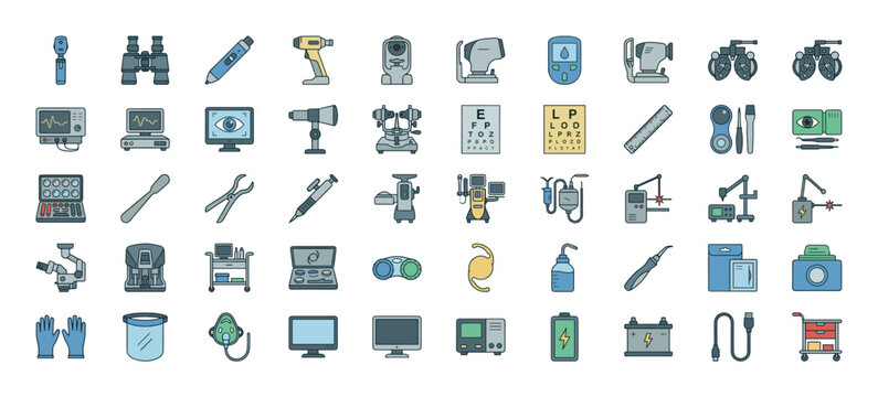 Collection of ophthalmology and medical diagnostic equipment icons