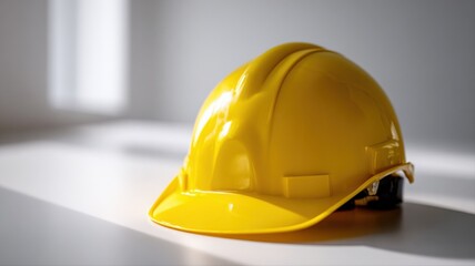 Fototapeta premium Yellow Hard Hat on White Surface Symbolizing Construction, Safety, and Workplace Protection