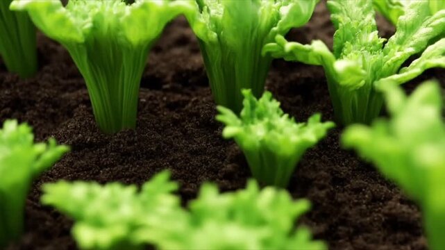 Fresh green lettuce sprouts rise from dark, rich soil