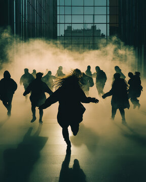 Underground group of people running with fog steam concept horror