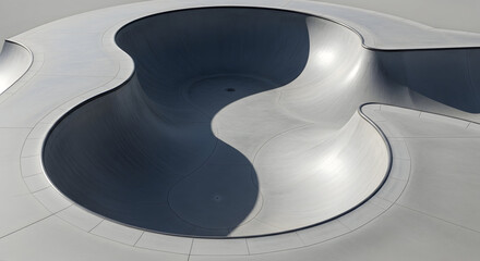 Naklejka premium Modern abstract concrete skatepark bowl with smooth curves and dramatic shadows under a clear sky showcasing extreme sports architecture