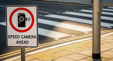 Speed Camera Sign Alerting Drivers on City Streets Near Crosswalk for Safety