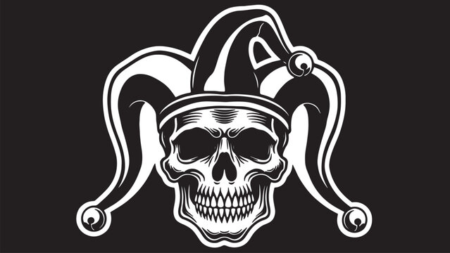 Jester skull vector art with transparent elements, black and white spooky clown head with jingle bells on hat, april fools day theme