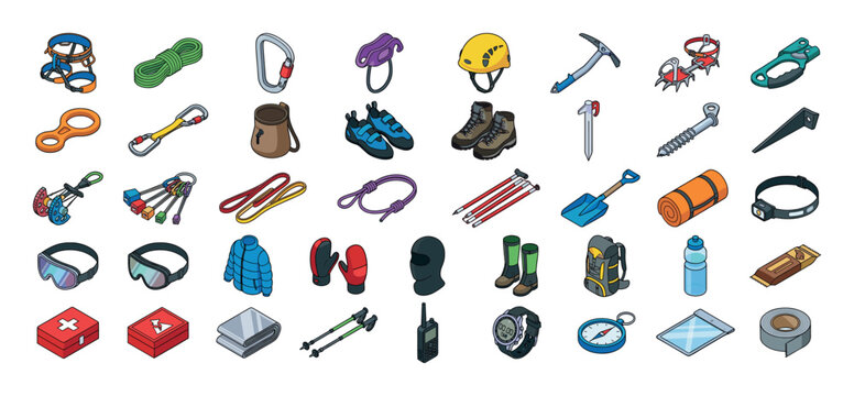 Collection of climbing and mountaineering equipment illustrated in isometric view