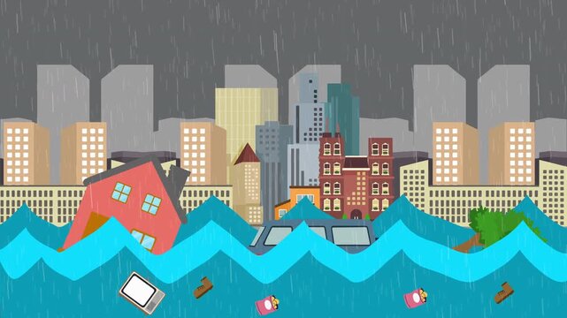 Seamless loop animation of a city flood with heavy rain washing away cars, trees, and debris. Heavy rain sweeping away vehicles and trees