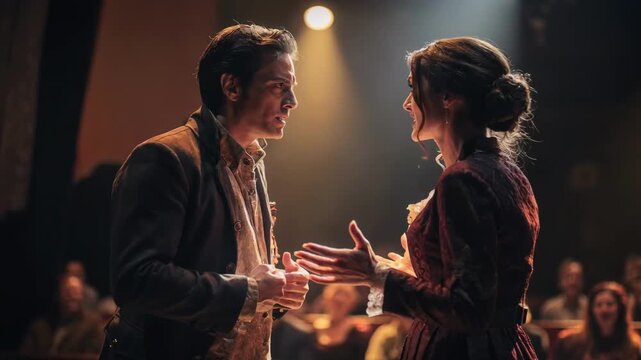 Dramatic medium frame of a pivotal moment in a stage drama with focused performers delivering powerful dialogue the captivated crowd rendered in a pleasing blur.