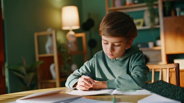 Pensive schoolboy writing essay sitting home desk closeup. Smart boy thinking