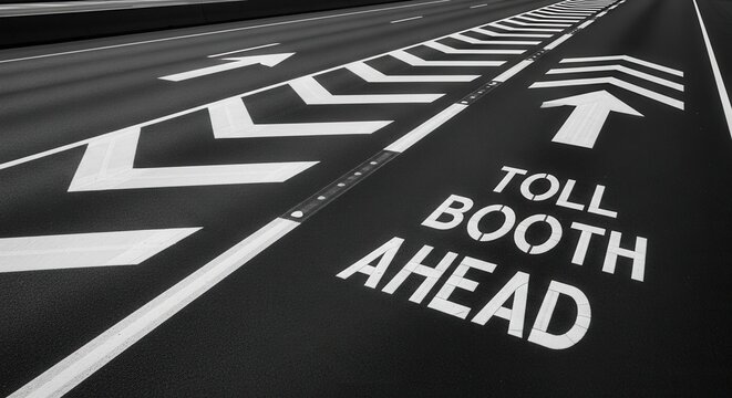 Toll Booth Ahead Directional Signage Painted on Highway Road Surface with Arrows