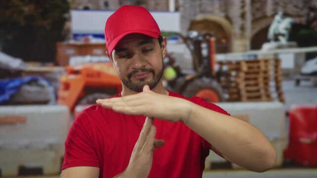 Man in red shirt makes timeout sign with both hands at building under construction outdoors in daylight; pause.