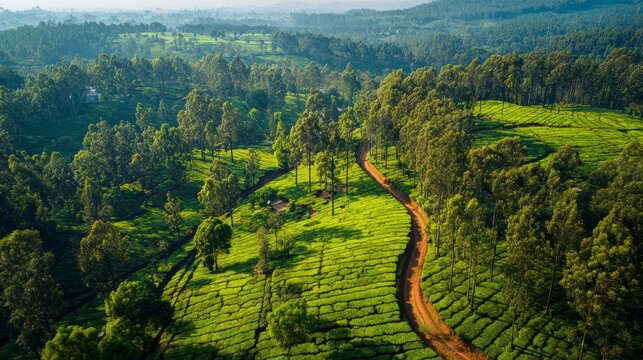 Tea plantation aerial green agriculture landscape farm countryside rural field tree Lush tea plantation aerial view with winding dirt road through green agriculture landscape, rural farm field