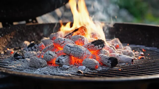 A grill filled with glowing hot charcoal and light smoke, ready for cooking and BBQ