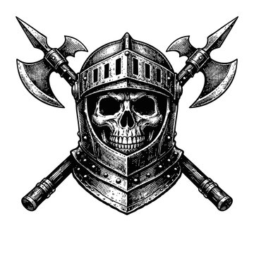 Vintage engraving of a formidable medieval knight's skull, encased in a detailed armet helmet, powerfully flanked by two sharp crossed battle axes. This artwork evokes ancient warfare, dark fantasy, a