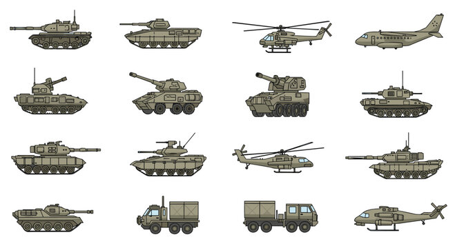 A pixel art collection of sixteen distinct military vehicles, including tanks, helicopters, and a transport plane, depicted in olive green on a white background.