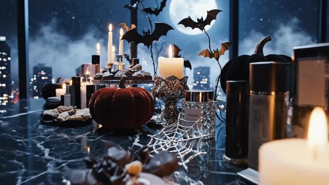 A Halloween display on a marble countertop features candles, bats, pastries, and pumpkins with a city/moon backdrop