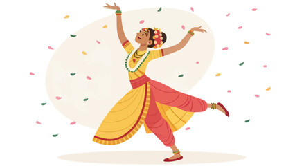 Obraz premium Vibrant Indian dancer performing traditional Bharatanatyam with colorful petals