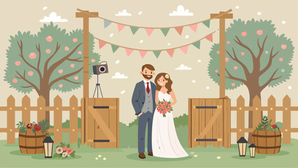 Happy wedding couple standing in front of rustic wooden gate