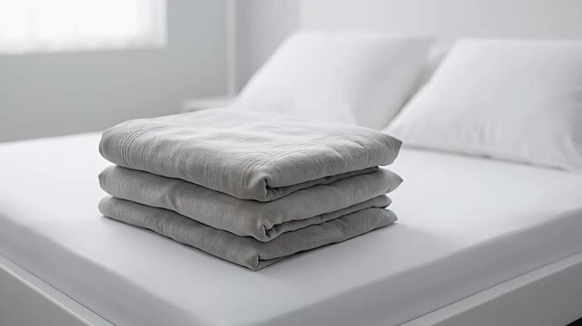 Neatly folded gray bedsheets stacked on a pristine white bed with pillows