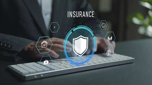Online insurance service concept. Person typing keyboard with shield and policy icons, claim management, financial protection and insurance technology.