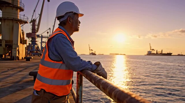 A dock worker observes a sunrise from the waterfront. The sunset reflects the water. The man wears a hard hat and safety vest