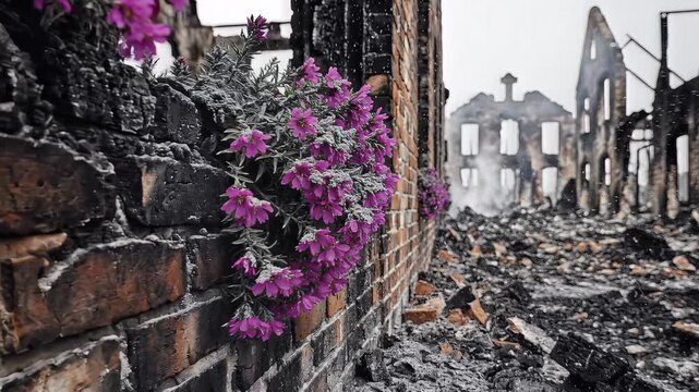 Brick wall and purple flowers overlooking a burned building