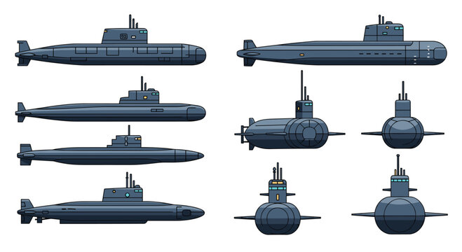 A collection of pixel-art style submarines are shown from various side, front, and top angles on a plain white background.