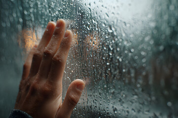 Fototapeta premium Hand touches wet glass with raindrops during evening hours in a city setting