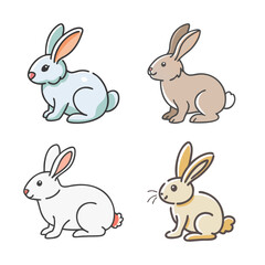 Fototapeta premium Four cute cartoon rabbits in different colors and poses, isolated on white background.