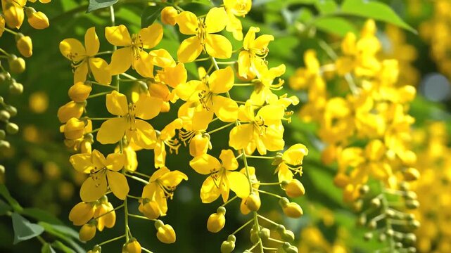 Closeup of Vibrant Yellow Cassia Fistula Flowers Blooming in Sunlight.