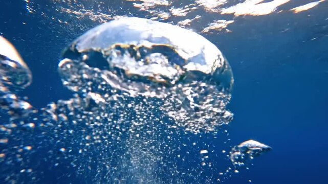 Bubbles rise from jellyfish in clear blue water near coral reef