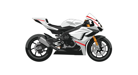 Obraz premium A sleek white sport motorcycle with red and black accents is shown in profile, highlighting its detailed engine and aerodynamic fairings on a white background.