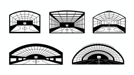 A series of black and white architectural illustrations depict indoor basketball courts viewed through arched grid patterned openings high quality professional detailed modern elegant stylish clean © Peradox