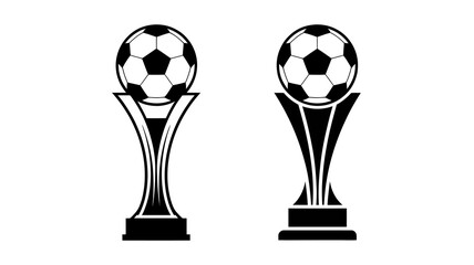 Fototapeta premium Two black and white trophy illustrations depict soccer or football championships featuring a spherical ball atop a stylized ornate pedestal base high quality professional detailed modern