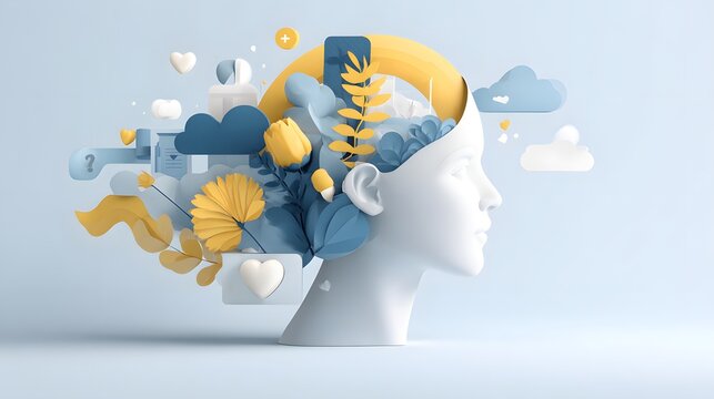 Abstract 3D render of a human head with colorful elements representing thoughts and creativity.