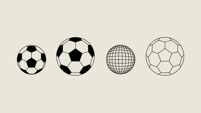 A collection of six spherical objects is displayed featuring soccer balls and a globe all rendered in a simple black and white style high quality professional