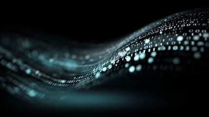 Binary code data wave abstract digital background flowing matrix line glowing particle stream dark cyber space futuristic technology motion blur neon light computer network blockchain concept