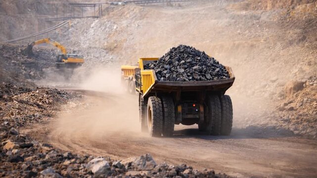 Mining dump trucks transporting coal anthracite.
