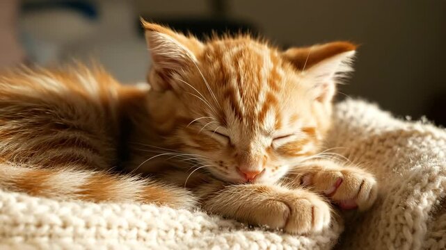 A sleeping ginger kitten nestled on a soft knitted blanket with closed eyes, basking in sunlight
