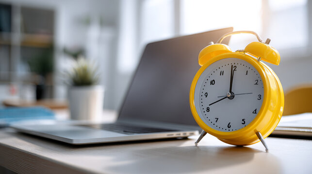 Yellow alarm clock office desk laptop workspace time management morning light remote work asynchronous work productivity home office calm scene of yellow alarm clock office desk near laptop bright
