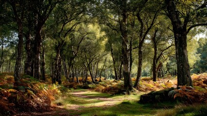 Obraz premium Beautiful, isolated, serene, unpopulated landscape showcasing New Forest – Ancient woodland and heathland in Hampshire