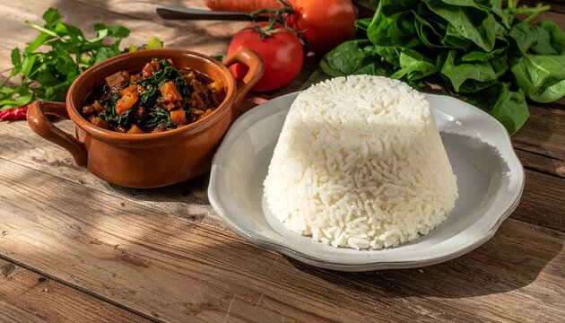 East African Ugali Served with Stew and Greens. Traditional African Food