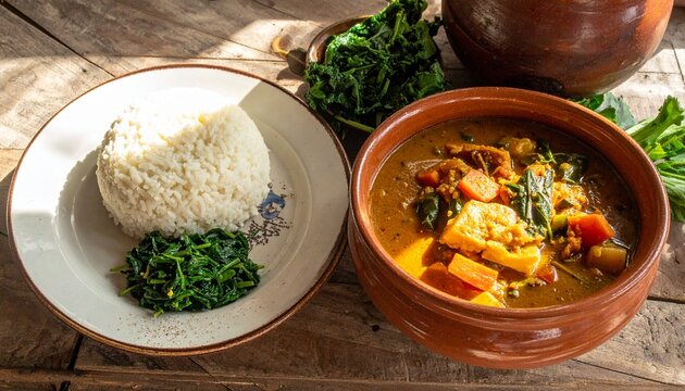 East African Ugali Served with Stew and Greens. Traditional African Food