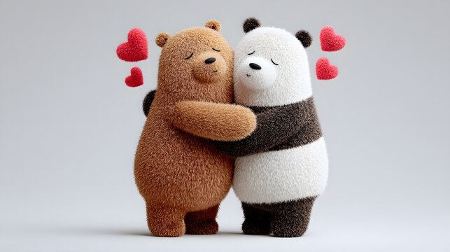 Adorable brown bear and panda embracing with floating red hearts.