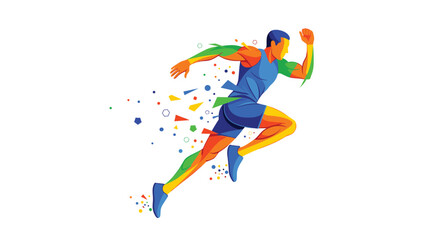 Fototapeta premium A male athlete in a blue and green running outfit is depicted in a powerful running pose with a vibrant trail of geometric fragments on a white background.